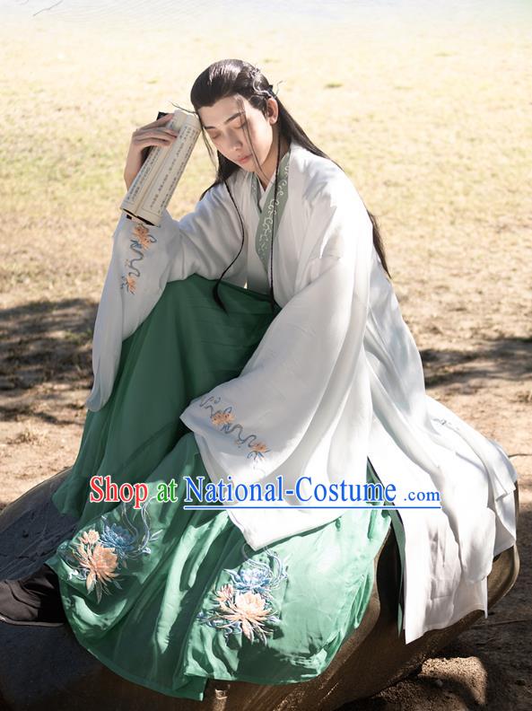 Chinese Ancient Prince Hanfu Apparels Traditional Costumes Han Dynasty Scholar Garment Embroidered Cloak Shirt and Skirt Complete Set