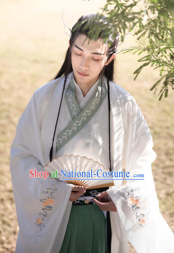 Chinese Ancient Prince Hanfu Apparels Traditional Costumes Han Dynasty Scholar Garment Embroidered Cloak Shirt and Skirt Complete Set