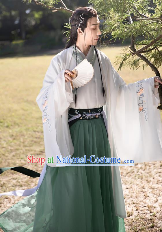 Chinese Ancient Prince Hanfu Apparels Traditional Costumes Han Dynasty Scholar Garment Embroidered Cloak Shirt and Skirt Complete Set