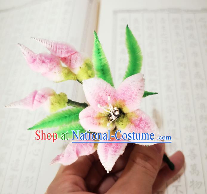 Chinese Ancient Princess Pink Velvet Flowers Hairpins Hair Accessories Handmade Qing Dynasty Court Lily Flowers Hair Stick