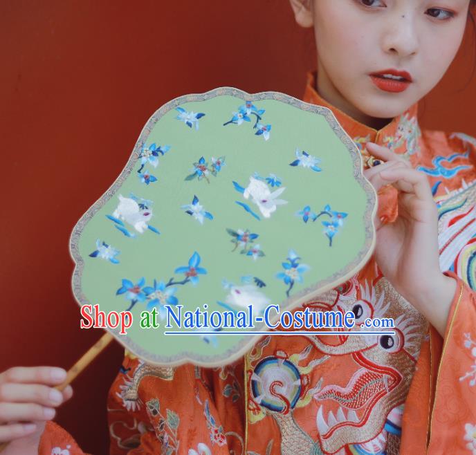 Chinese Classical Ancient Hanfu Green Silk Fan Ming Dynasty Princess Embroidered Palace Fans