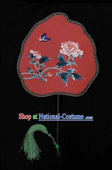 Chinese Classical Ancient Hanfu Red Peach Shape Silk Fan Ming Dynasty Princess Embroidered Peony Butterfly Palace Fans