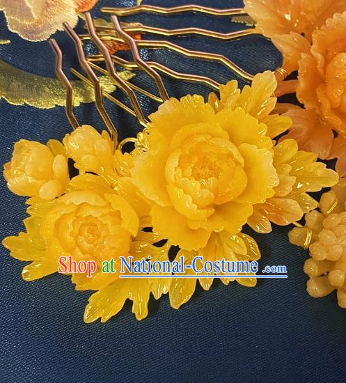 Chinese Ancient Princess Yellow Peony Hairpins Hair Accessories Handmade Kimono Courtesan Hair Comb