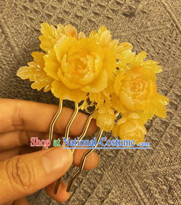 Chinese Ancient Princess Yellow Peony Hairpins Hair Accessories Handmade Kimono Courtesan Hair Comb