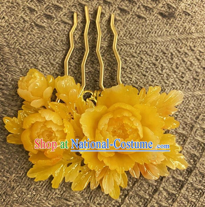 Chinese Ancient Princess Yellow Peony Hairpins Hair Accessories Handmade Kimono Courtesan Hair Comb