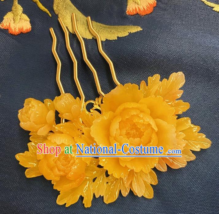 Chinese Ancient Princess Yellow Peony Hairpins Hair Accessories Handmade Kimono Courtesan Hair Comb