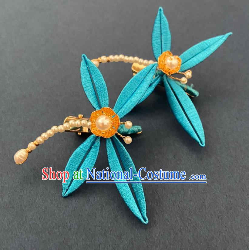 Chinese Ancient Princess Pearls Hairpins Hair Accessories Handmade Song Dynasty Blue Silk Dragonfly Hair Sticks