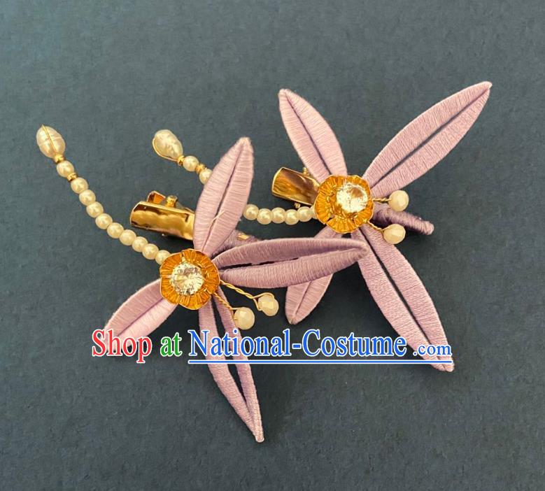 Chinese Ancient Princess Pearls Hairpins Hair Accessories Handmade Song Dynasty Lilac Silk Dragonfly Hair Sticks