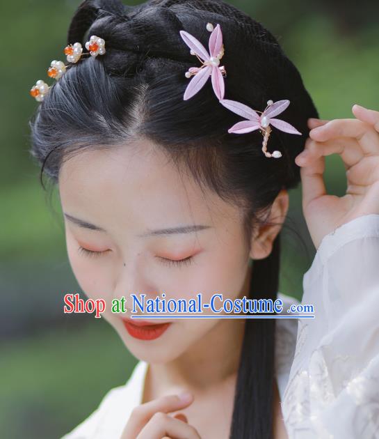 Chinese Ancient Princess Pearls Hairpins Hair Accessories Handmade Song Dynasty Pink Silk Dragonfly Hair Sticks