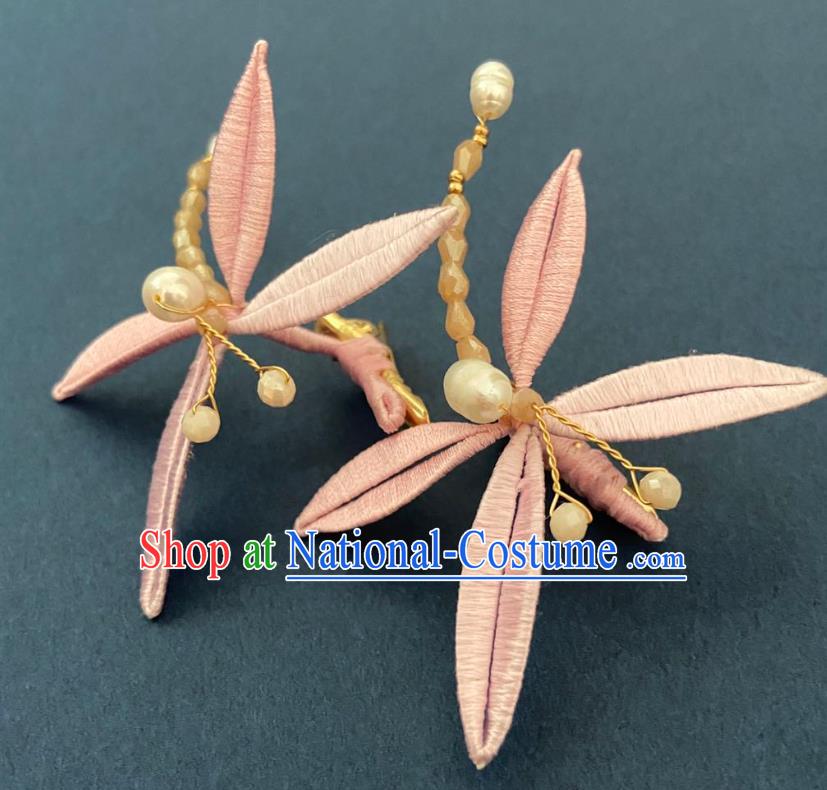 Chinese Ancient Princess Beads Hairpins Hair Accessories Handmade Song Dynasty Pink Silk Dragonfly Hair Sticks