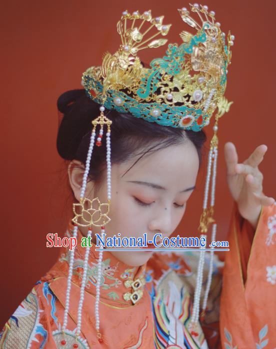 Chinese Ancient Bride Wedding Hairpins Hair Accessories Handmade Ming Dynasty Blueing Phoenix Coronet Full Set