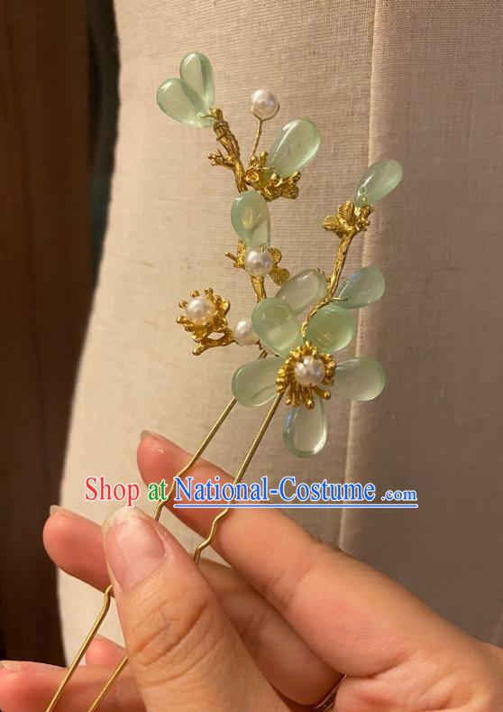 Chinese Ancient Princess Golden Hairpin Hanfu Hair Accessories Women Handmade Green Plum Flowers Hair Comb