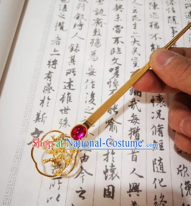 Chinese Ancient Empress Golden Hairpins Hair Accessories Handmade Ming Dynasty Court Rosy Crystal Hair Stick