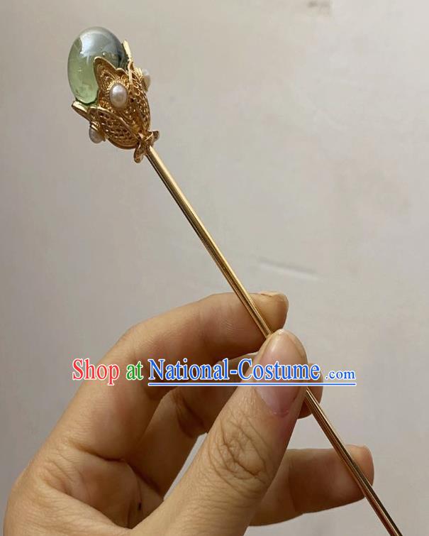 Chinese Ancient Empress Green Bead Hairpins Hair Accessories Handmade Ming Dynasty Court Golden Hair Stick