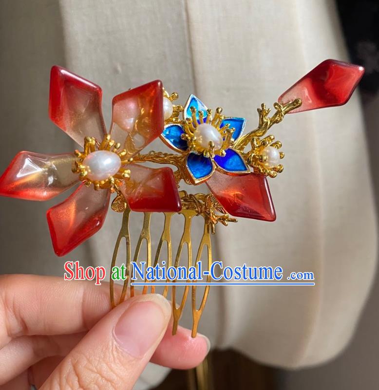 Chinese Ancient Princess Red Lotus Hairpin Hanfu Hair Accessories Women Handmade Golden Hair Comb