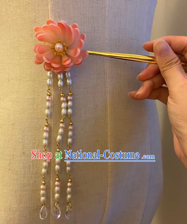 Chinese Ancient Princess Pearls Tassel Hairpin Hanfu Hair Accessories Women Handmade Pink Peony Hair Clip