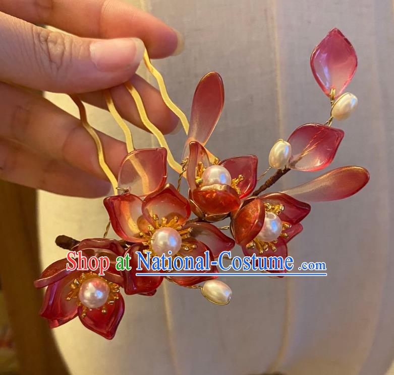 Chinese Ancient Princess Red Sakura Hairpin Hanfu Hair Accessories Women Handmade Flowers Hair Comb