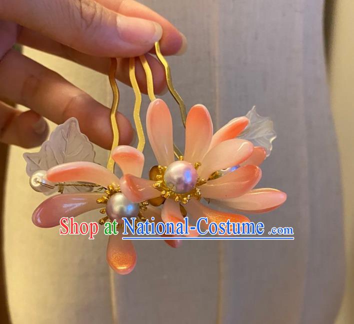 Chinese Ancient Princess Hairpin Hanfu Hair Accessories Women Handmade Pink Chrysanthemum Hair Comb