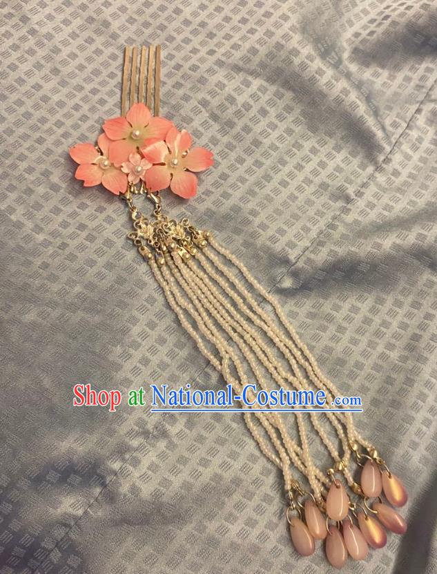 Chinese Ancient Princess Pink Sakura Hairpins Hair Accessories Women Handmade Hanfu Beads Tassel Hair Comb