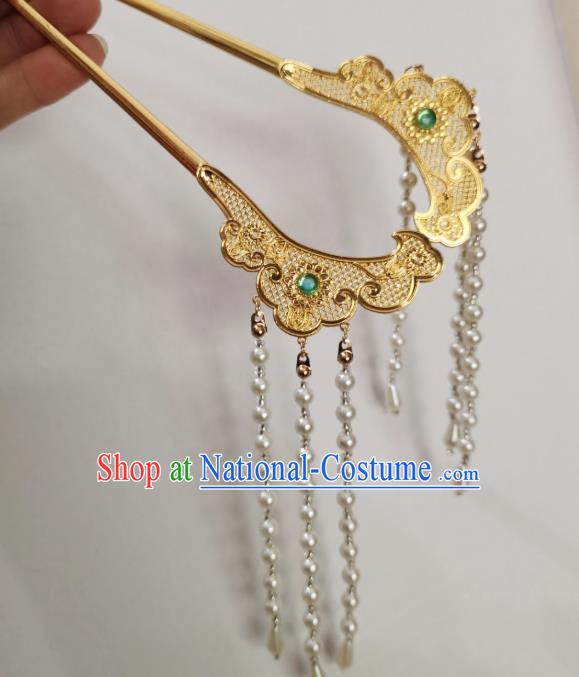 Chinese Ancient Princess Golden Hairpins Hair Accessories Women Handmade Hanfu Song Dynasty Beads Tassel Hair Clip