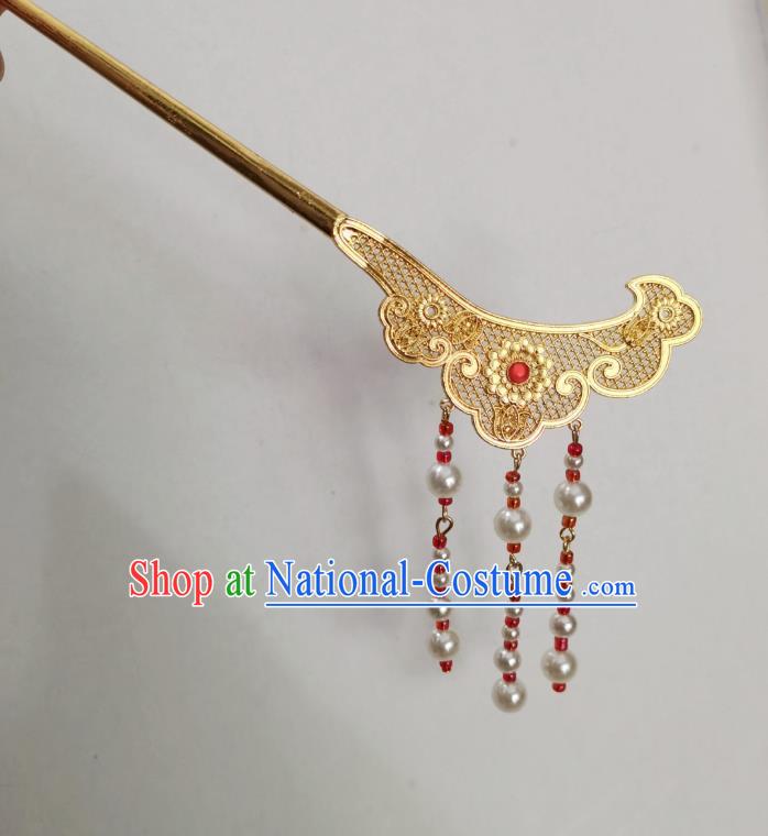 Chinese Ancient Princess Golden Hairpins Hair Accessories Women Handmade Hanfu Tang Dynasty Red Beads Tassel Hair Clip