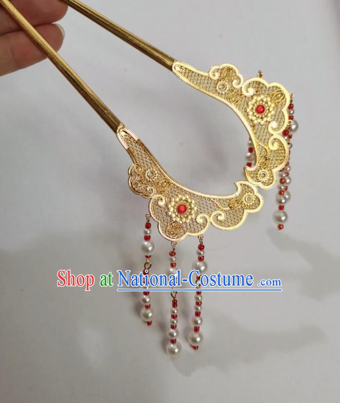 Chinese Ancient Princess Golden Hairpins Hair Accessories Women Handmade Hanfu Tang Dynasty Red Beads Tassel Hair Clip