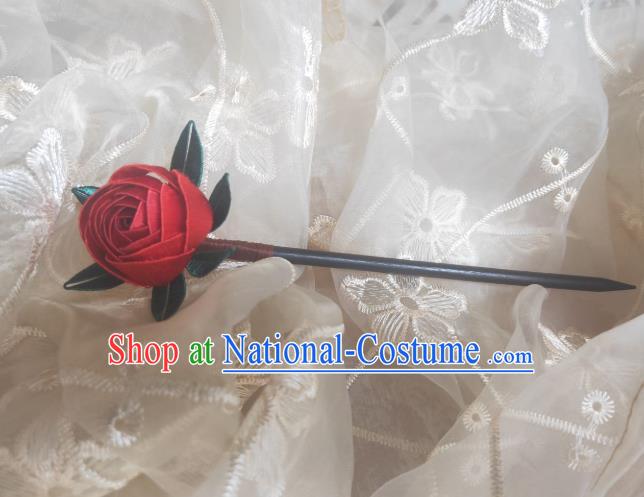 Chinese Ancient Princess Wood Hairpins Hair Accessories Handmade Hanfu Red Silk Rose Hair Stick