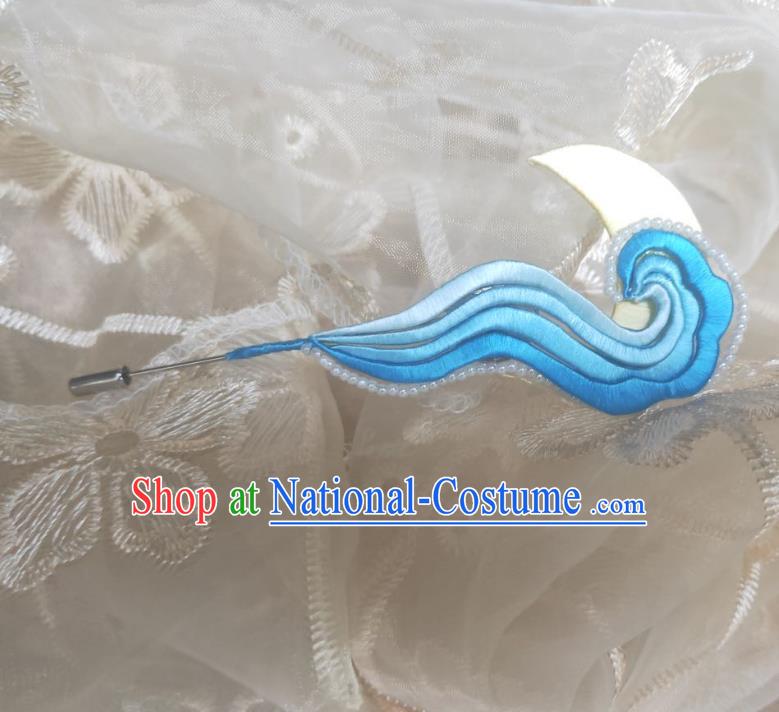 Chinese Ancient Princess Beads Hairpins Hair Accessories Handmade Hanfu Blue Silk Cloud Hair Stick