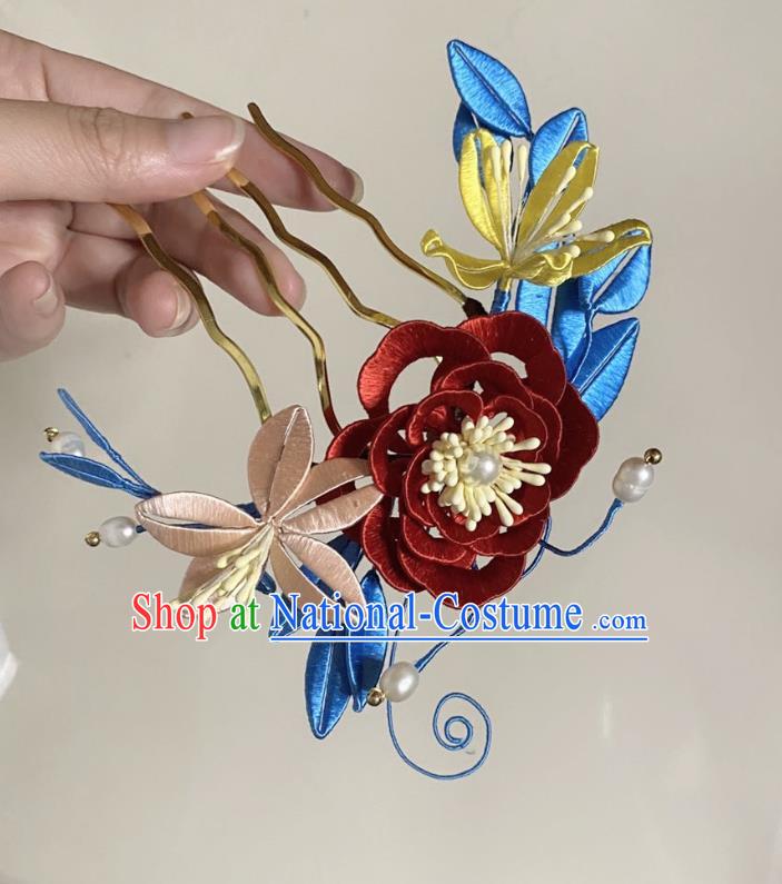 Chinese Ancient Princess Silk Flowers Hairpins Hair Accessories Handmade Hanfu Red Rose Hair Comb