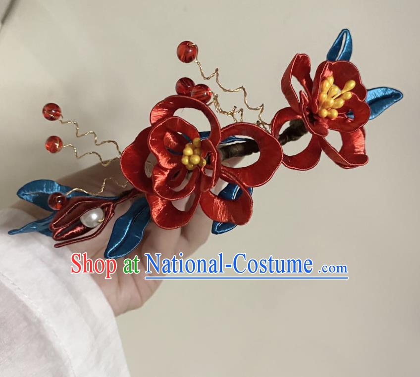 Chinese Ancient Princess Red Beads Hairpins Hair Accessories Handmade Hanfu Rose Flowers Hair Comb