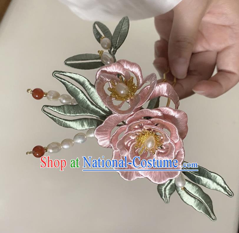 Chinese Ancient Princess Pearls Hairpins Hair Accessories Handmade Hanfu Pink Silk Rose Hair Comb