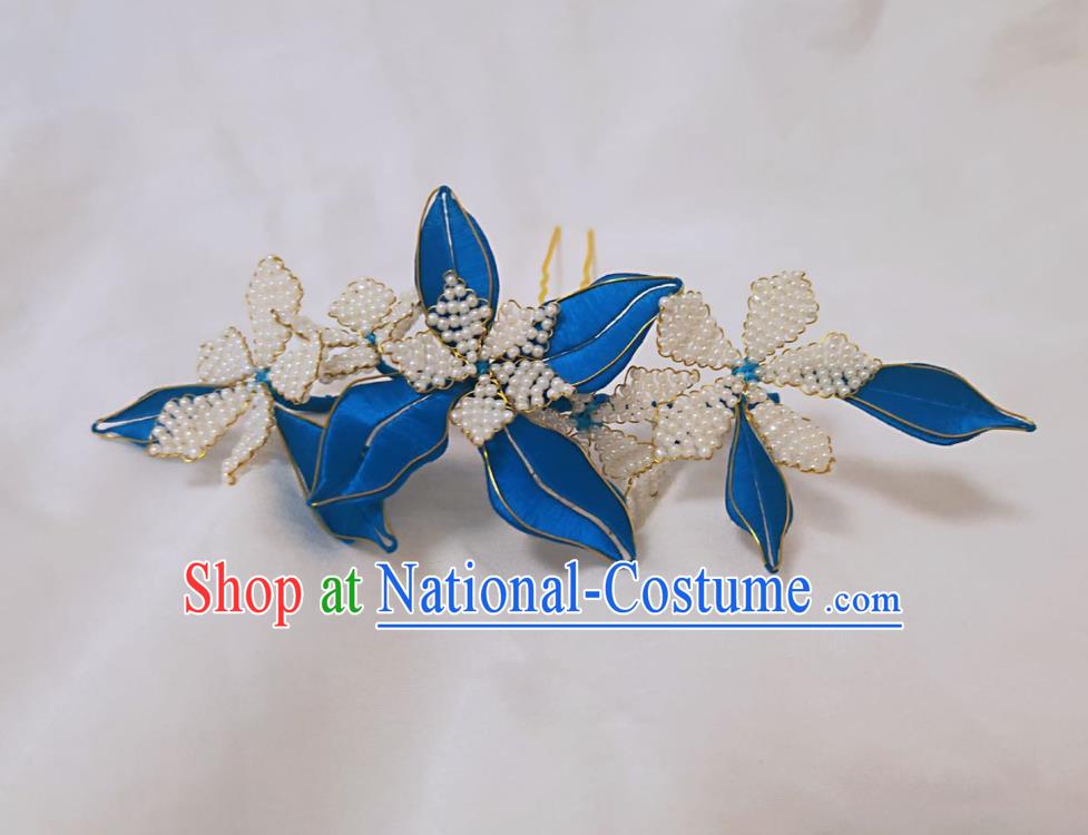 Chinese Ancient Princess Beads Hairpins Hair Accessories Handmade Hanfu Blue Silk Flowers Hair Comb