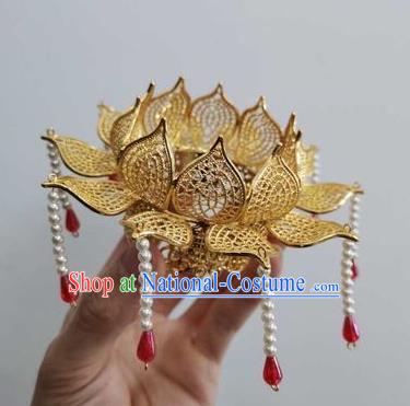 Chinese Ancient Princess Red Stone Tassel Hairpins Hair Accessories Handmade Hanfu Tang Dynasty Imperial Concubine Golden Lotus Hair Crown