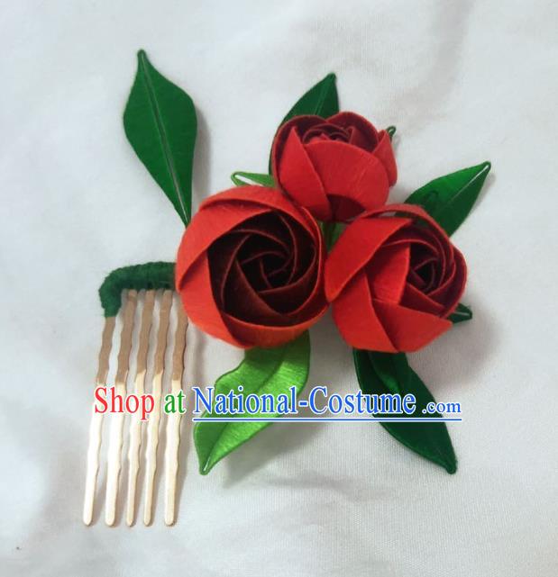 Chinese Ancient Princess Red Rose Hairpins Hair Accessories Handmade Hanfu Flowers Hair Comb