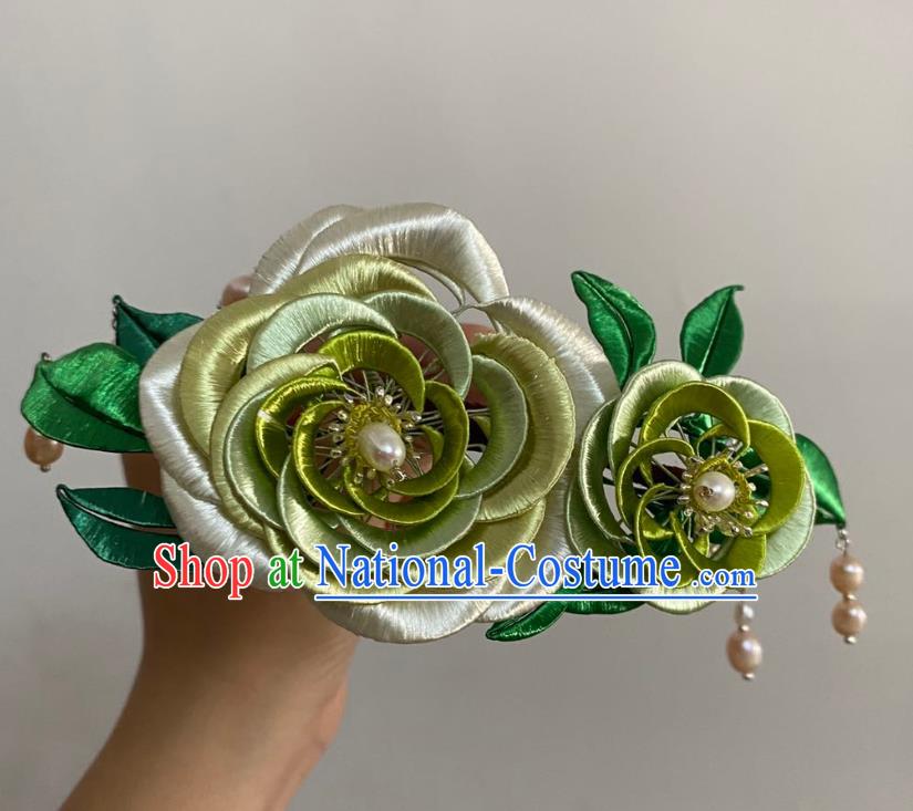 Chinese Ancient Princess Pearls Tassel Hairpins Hair Accessories Handmade Hanfu Green Silk Peony Hair Stick