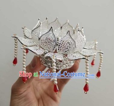 Chinese Ancient Princess Hairpins Hair Accessories Handmade Hanfu Tang Dynasty Imperial Concubine Argent Lotus Hair Crown