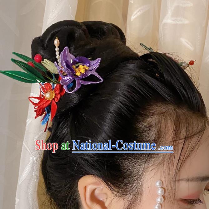 Chinese Ancient Princess Pearls Dragonfly Hairpins Hair Accessories Handmade Hanfu Silk Flower Hair Stick