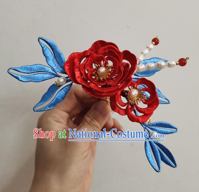 Chinese Ancient Princess Red Camellia Hairpins Hair Accessories Handmade Hanfu Silk Flower Pearls Hair Stick