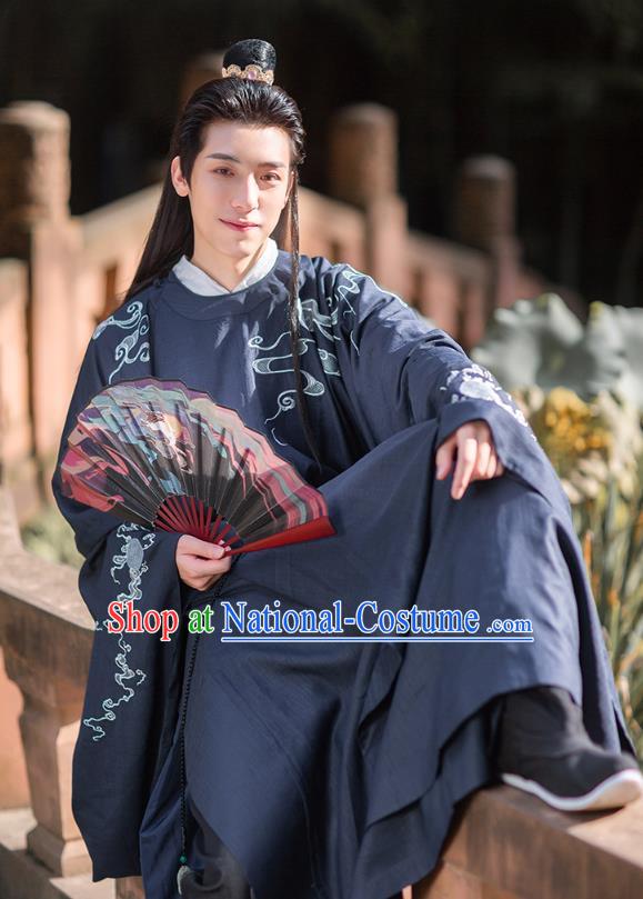 Chinese Ancient Scholar Hanfu Apparels Traditional Costumes Ming Dynasty Noble Prince Garment Embroidered Navy Blue Robe