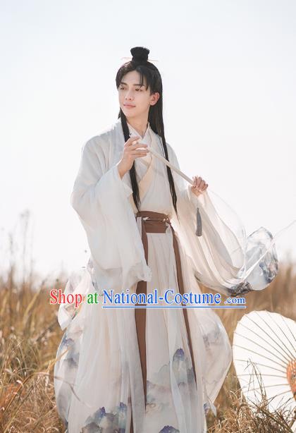 Chinese Ancient Swordsman Hanfu Apparels Traditional Costumes Jin Dynasty Prince Garment Cape Shirt and Skirt for Men