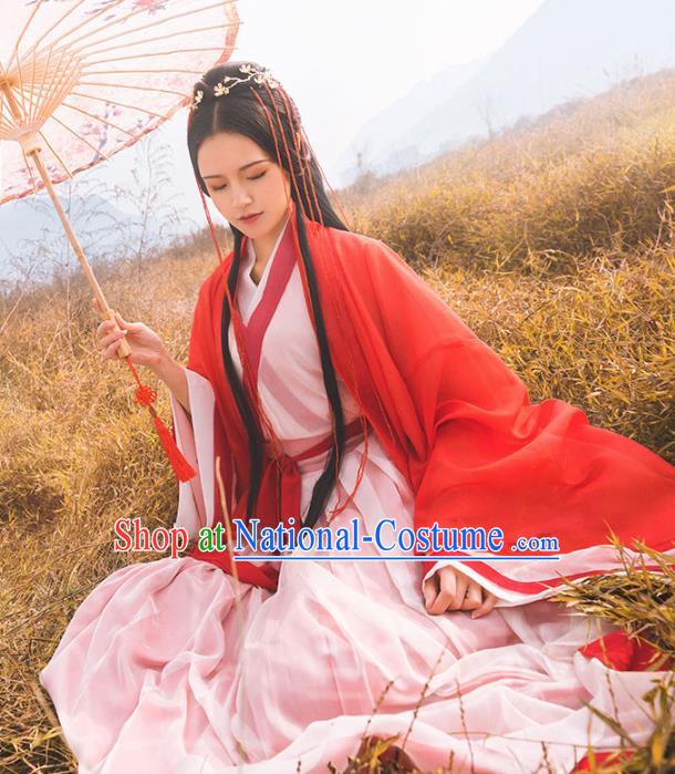 Chinese Ancient Swordswoman Hanfu Apparels Traditional Costumes Jin Dynasty Female Knight Red Dress Garment