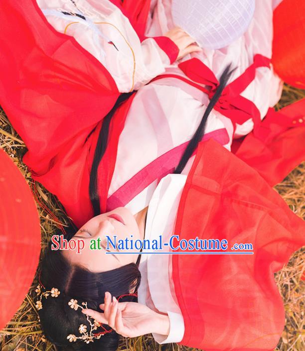 Chinese Ancient Swordswoman Hanfu Apparels Traditional Costumes Jin Dynasty Female Knight Red Dress Garment