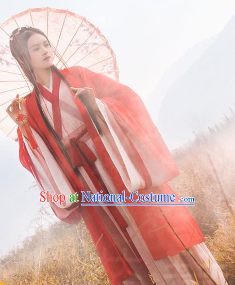 Chinese Ancient Swordswoman Hanfu Apparels Traditional Costumes Jin Dynasty Female Knight Red Dress Garment