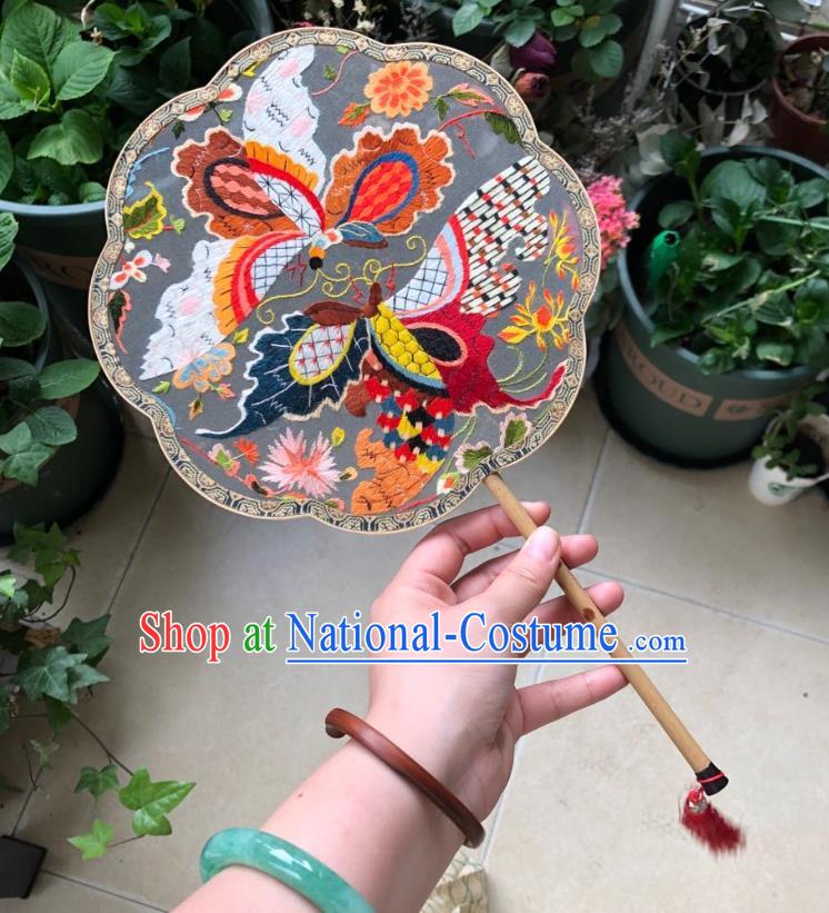 Chinese Classical Grey Silk Palace Fan Ancient Song Dynasty Princess Embroidered Butterfly Fans Accessories