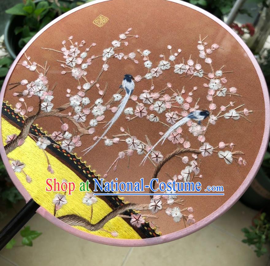 Chinese Classical Brown Silk Palace Fan Ancient Song Dynasty Princess Embroidered Plum Birds Round Fans Accessories