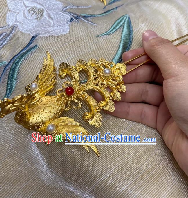 Chinese Ancient Empress Golden Phoenix Hairpins Hair Accessories Handmade Ming Dynasty Court Queen Agate Hair Stick