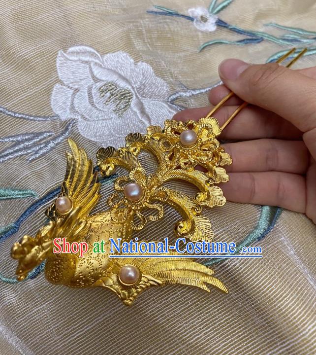 Chinese Ancient Empress Golden Phoenix Hairpins Hair Accessories Handmade Ming Dynasty Court Queen Pearls Hair Stick