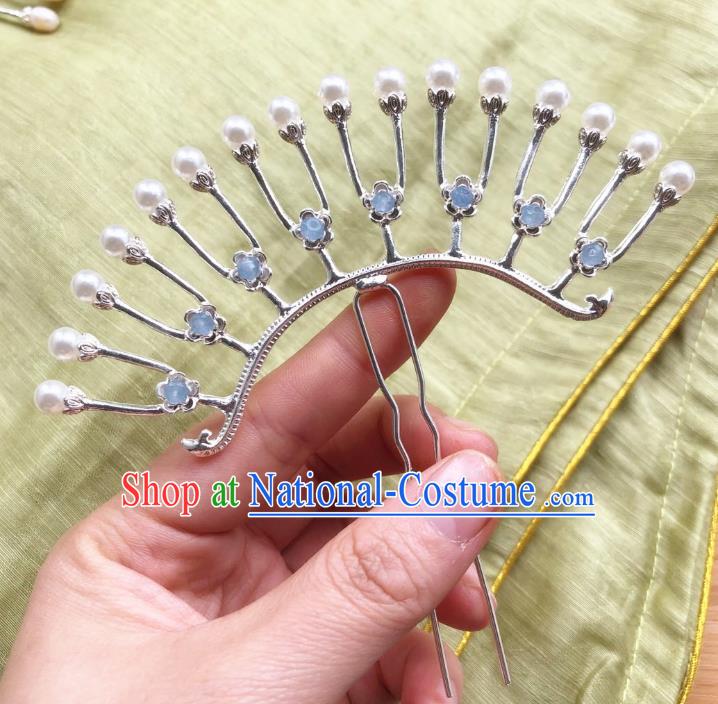 Chinese Ancient Princess Blue Beads Hairpins Hair Accessories Handmade Tang Dynasty Pearls Argent Hair Sticks