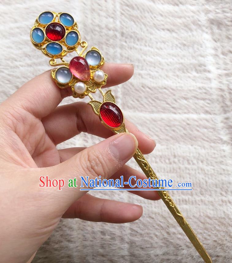 Chinese Ancient Empress Golden Hairpins Hair Accessories Handmade Ming Dynasty Court Aquamarine Hair Stick