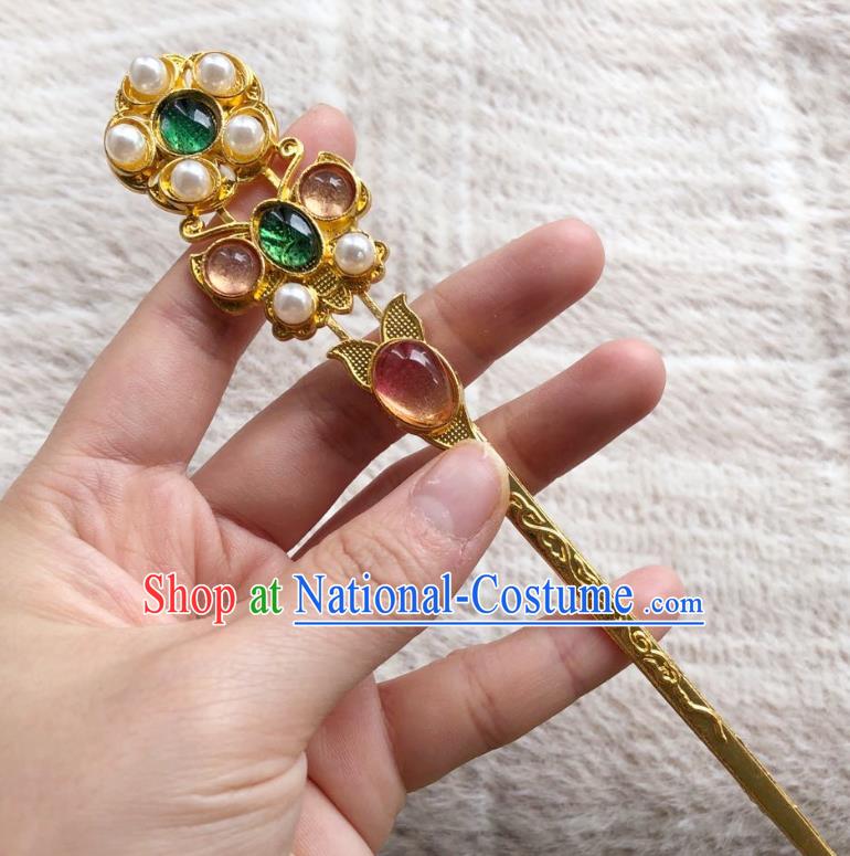 Chinese Ancient Empress Golden Pearl Hairpins Hair Accessories Handmade Ming Dynasty Court Chalcedony Hair Stick